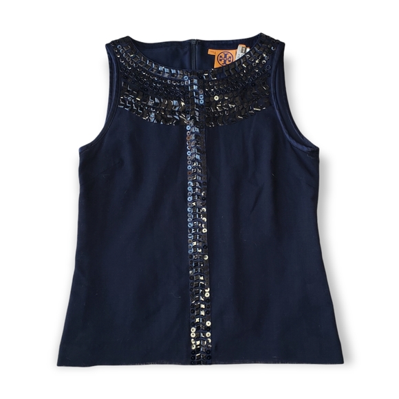 Tory Burch Tops - TORY BURCH Wool Bateau Neckline sequin Top navy 6